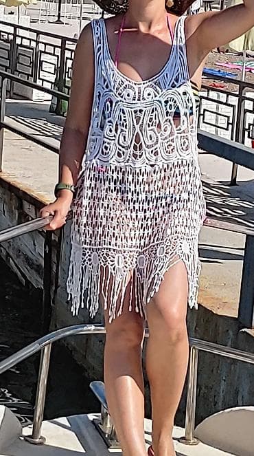 Bela heklana mrežasta tunika/kaftan za plažu - Model: bez rukava