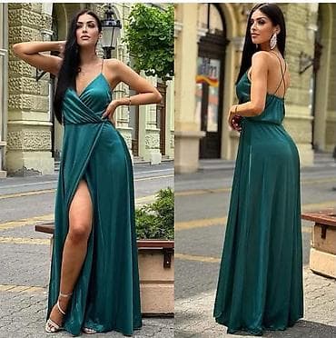 zara sandale na stiklu: Elegantna duga večernja haljina u smaragdno zelenoj boji. - Kroj — 1