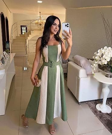 Muška odeća: 🔥Letnja midi haljina sa širokim vertikalnim prugama i pojasom ✨2700 — 2