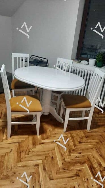 Stolovi: 08. Sto krug dimenzije: 100+30 Cena: 155e Stolice tarabice meblo