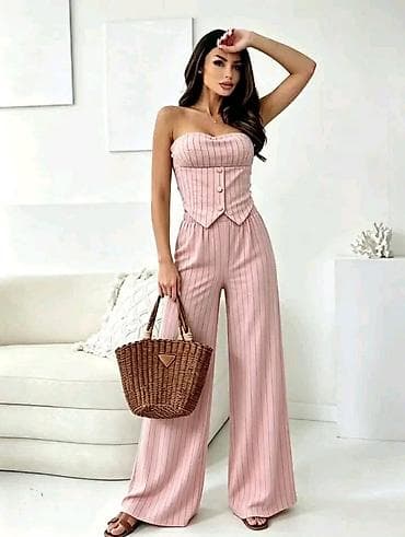 butik 13 kompleti: Ženski dvodelni komplet – korset top i široke pantalone s prugama - — 4