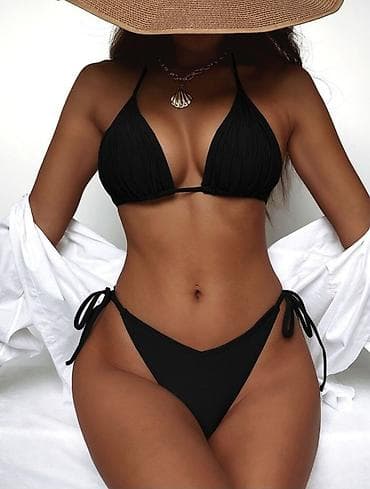 plazna: Crni bikini set – trouglasti top i gaćice na vezivanje - Boja — 4