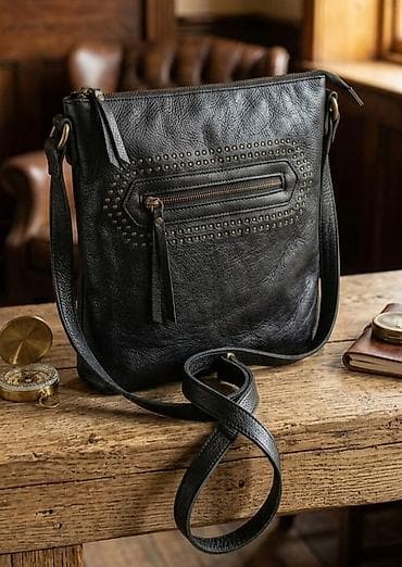 kozne muske torbe: Kožna crossbody torba – crna - Materijal: prirodna koža sa izraženom — 1