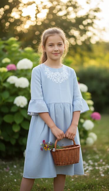 zelene suknje: Dečija haljina svetloplave boje sa belim cvetnim vezom oko izreza — 1
