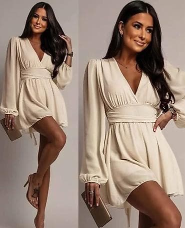 Ženska mini haljina sa dubokim V izrezom i dugim lepršavim rukavima