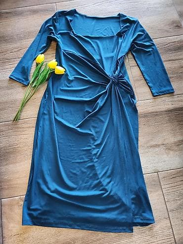 Haljine: Elegantna midi haljina u petrolej (teal) boji - Kvadratni izrez koji — 3