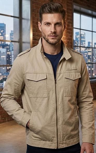 Muška keper jakna u bež boji - Klasičan kroj sa ravnim okovratnikom i