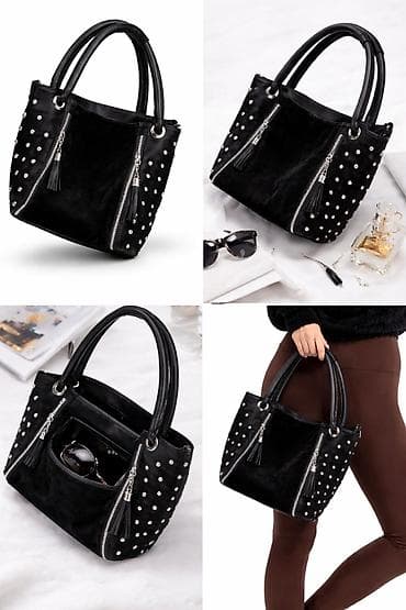 Elegantna crna ženska torba sa nitnama - Materijal: kombinacija meke