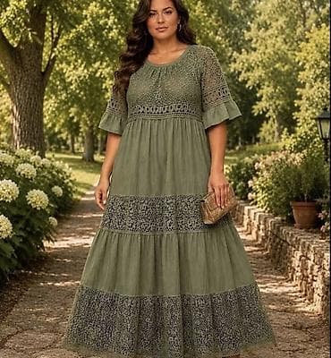 blondy svecane haljine: Dugačka ženska haljina sa čipkom, boho/romantičan stil. - Rukavi: 3/4 — 4