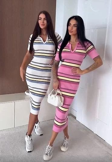 pertle za air force 1: Haljina sa prugama - Kroj: pripijena midi dužina, kratki rukavi - — 2