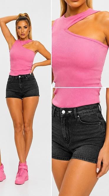 bermude sa dzepovima: Ženske teksas šorts pantalone – crni “washed” izgled, visok struk - — 1