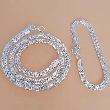 elegantni rep: Srebrni set lančić + narukvica – pleteni „foxtail” dizajn - — 2