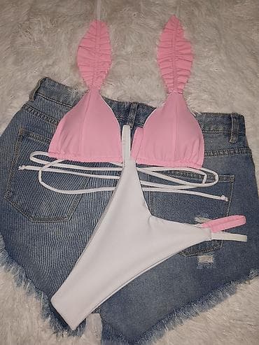 Lepota i nega: Ženski dvodelni kupaći kostim – roze/belo - Gornji deo: trouglasti — 4