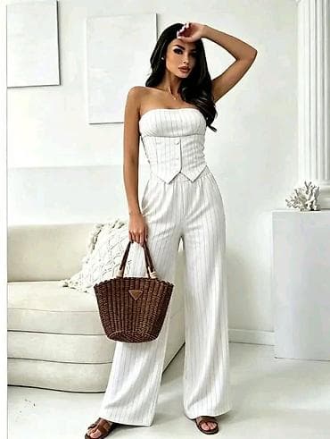 butik 13 kompleti: Ženski dvodelni komplet – korset top i široke pantalone s prugama - — 1