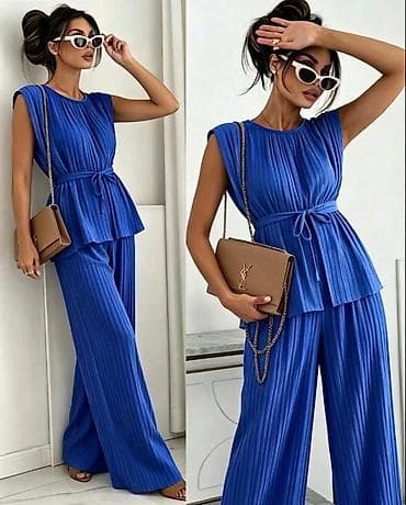 Overalls: Ženski plisirani komplet – top bez rukava + široke pantalone - — 2