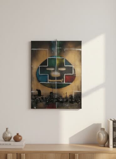 Satovi za kuću: Apstraktna slika na platnu – kombinacija geometrije i urbane siluete — 1