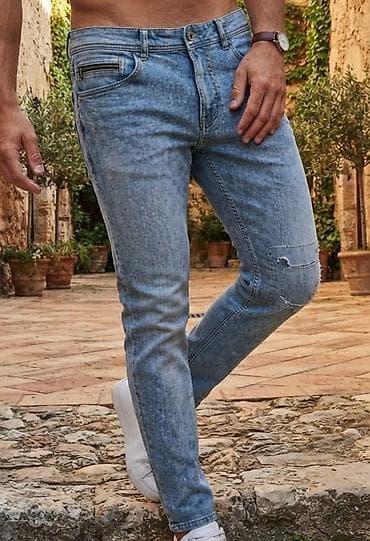 teksas jakne muske levis: Muške slim-fit farmerke od svetlo plavog, ispranog denima. Elastična — 1