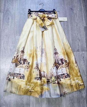 obuca vesna: ❤️Midi suknja sa pejzažnim printom i velikom mašnom - Dužina — 3