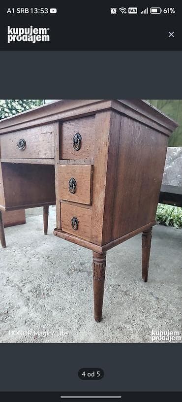 polovni ormar: Drveni vintage radni sto sa fiokama - Materijal: puno drvo - — 5