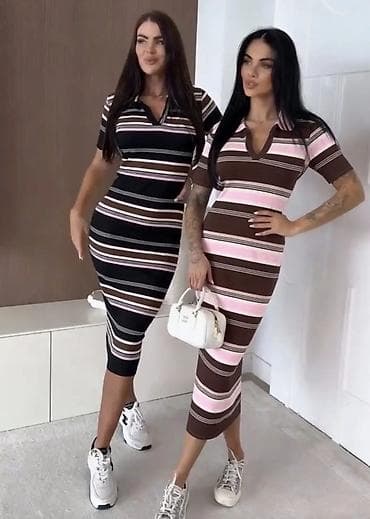 sorc ispod koljena: Ribana midi haljina sa prugama i kragnom - Kroj: pripijena silueta — 2