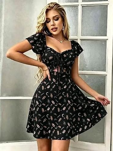 roze perika: Haljina s printom A-kroja sarena. - Model kratki rukavi s blagim puf — 4