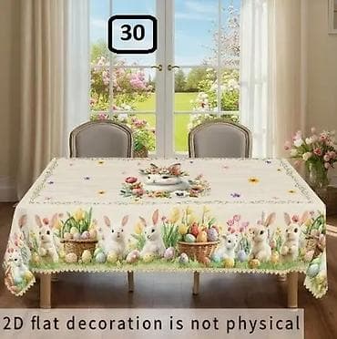 sobe za devojcice: Uskršnji stolnjak sa štampom zeka, jaja i prolećnog cveća - — 2