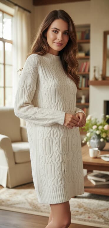 ženske haljine dugih rukava: Pletena duga džemper‑haljina, boja: krem/bela. Klasičan kabl — 1