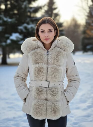 plus size jakne: Ženska zimska jakna sa krznom (bež/krem) - Topla, pufnasta jakna sa — 1