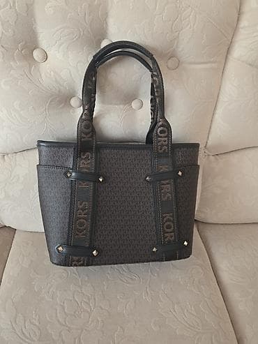 Michael Kors tote torba, tamno braon monogram (MK) platno sa crnim