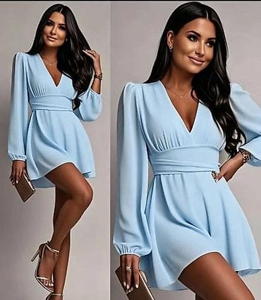 patike 40: Ženska mini haljina sa dubokim V izrezom i dugim lepršavim rukavima — 4