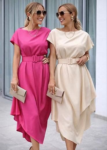 diline haljine kratke: Elegantna midi haljina sa pojasom - Model: asimetrična midi haljina — 1