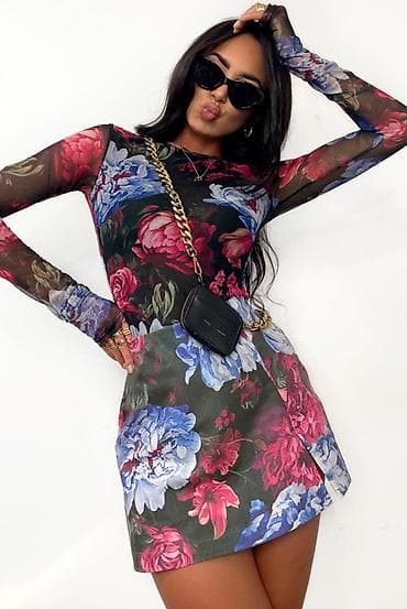 haljine m: 🔥Komplet: bodi dugih rukava + mini suknja s prorezom – cvetni print — 1