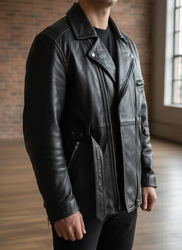 Crna kožna jakna, klasičan moto/biker stil. - Materijal: prava koža — 2