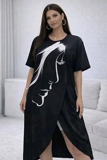 ugg bez: Asimetrična midi haljina sa umetničkim printom lica - Model: ležerna — 3