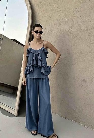sako i pantalone komplet: Zenski komplet – top na bretele sa volanima + široke pantalone 2900 — 1