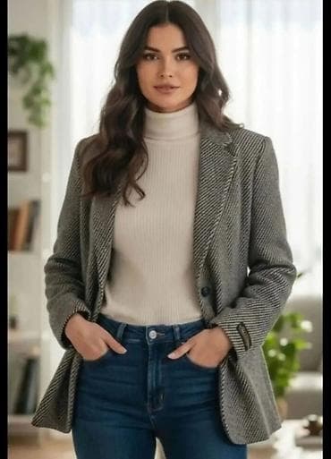 pull and bear sakoi: Ženski blejzer – sivi, ševron (riblja kost) dezen - Kroj: klasičan — 1