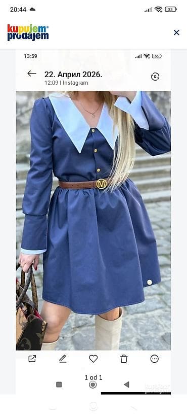 haljina sa kragnom: Elegantna ženska haljina A‑kroja, tamnoplave boje sa kontrastnim — 1