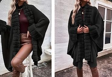 duksevi s: Ženska zimska pelerina/pončo u crnoj boji sa luksuznim krznenim — 1