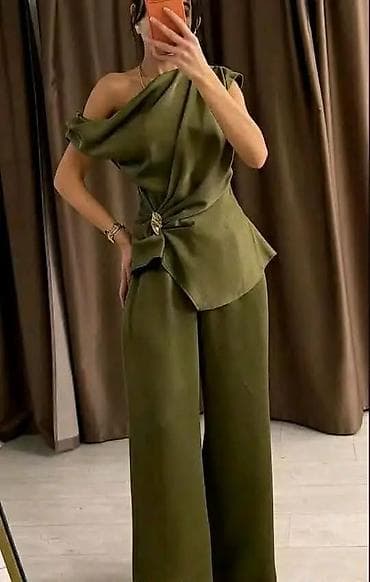 5.11 pantalone: Damski elegantni komplet – asimetrična bluza i široke pantalone - — 4