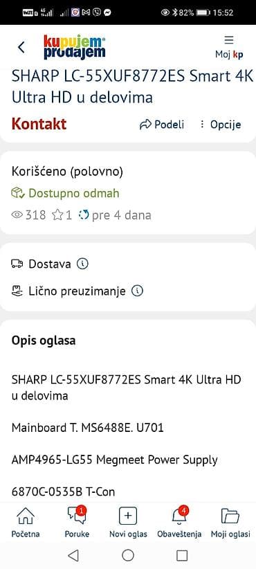 sobne antene za tv: SHARP LC-55XUF8772ES Smart 4K Ultra HD – delovi Dostupne originalne — 1