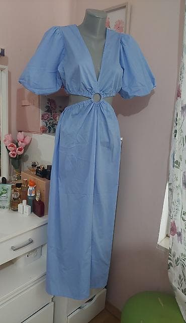 off white komplet: Plava midi haljina sa prstenom u struku - Kroj: midi dužina, A-linija — 2