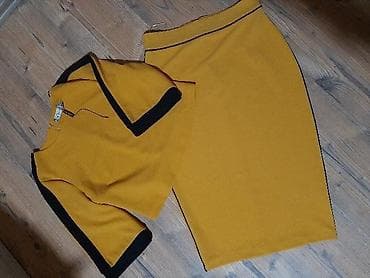 Women's Clothing: Dvocdelni ženski komplet u boji senfa sa crnim detaljima. - Gornji — 2