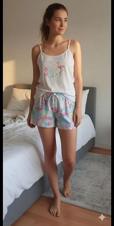 Ženski pidžama set – top na bretele i šorts - Gornji deo: bela majica
