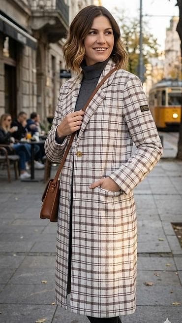 Elegantni ženski kaput sa kariranim dezenom - Kroj: ravna silueta do