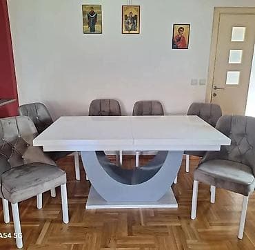 okrugli sto i stolice: Trpezarijski set – moderan sto sa postoljem u obliku polumeseca i šest — 3