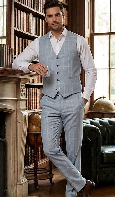 Muški odelo – sivi karirani komplet (prsluk + pantalone) - Dizajn