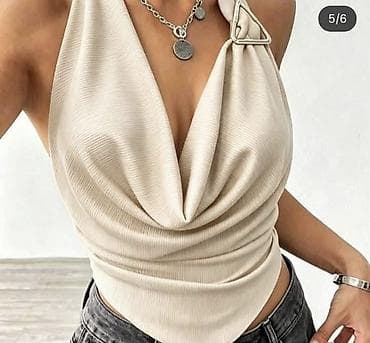 Majica crop top bez rukava sa drapiranim „waterfall“ dekolteom i