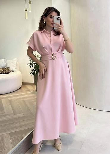 svečane plave haljine: Elegantna košulja-haljina sa pojasom - Duga, lepršava silueta A-kroja — 2