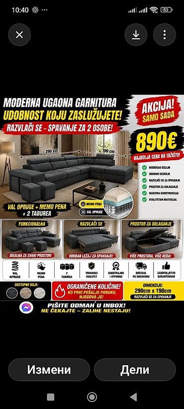 Moderan nameštaj za dom – dve opcije: 1) Ugaona garnitura na