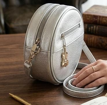 Okrugla ženska torbica preko ramena – metalik srebrna - Materijal